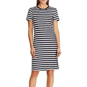 NWT Lauren Ralph Lauren Sequin Stripe Cotton-Blend Shift Dress Sz XS Navy/White